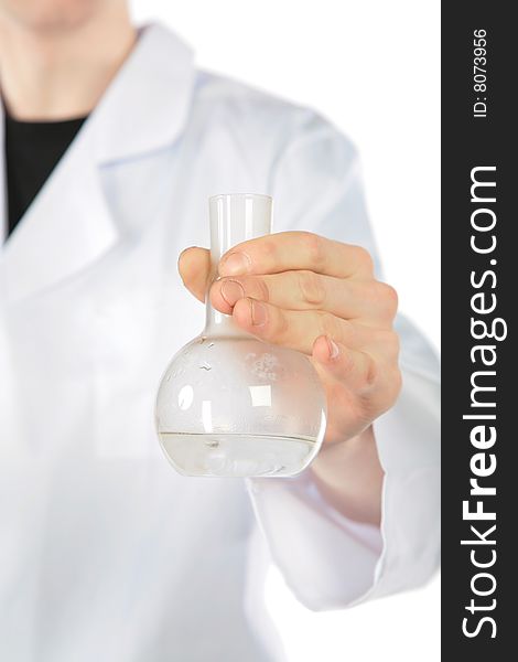 Chemist holds flask on white