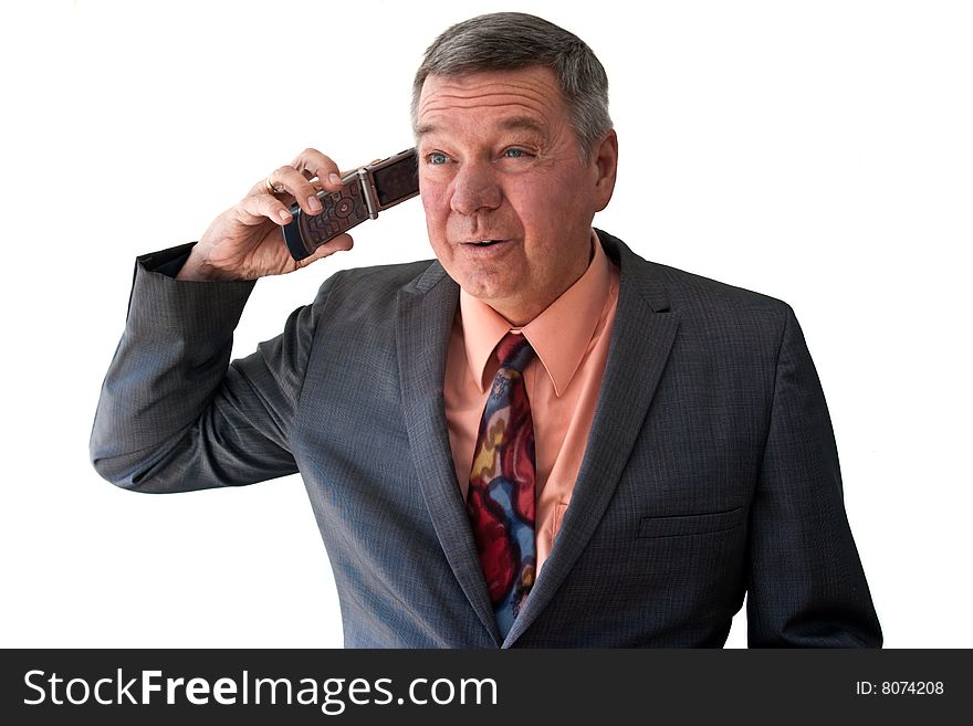 Portrait of a senior businessman talking on cell phone, isolated on a white background. Portrait of a senior businessman talking on cell phone, isolated on a white background.