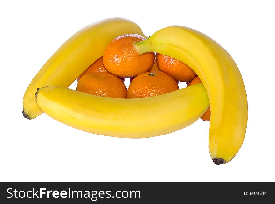 Bananas with mandarins on white background