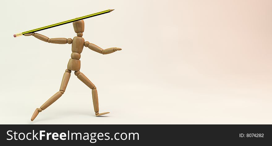 3D image of a wooden mannequin throwing a pencil-made javelin. 3D image of a wooden mannequin throwing a pencil-made javelin