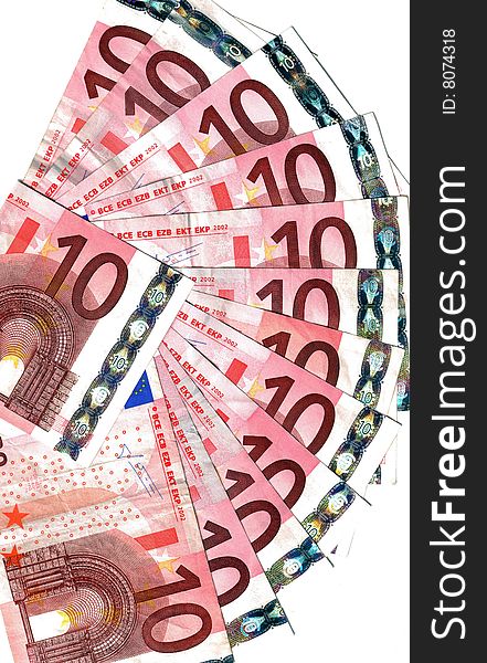 Detail range of ten euro banknotes. Detail range of ten euro banknotes