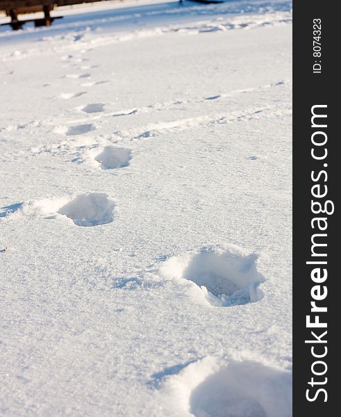 Human footprints on white snow