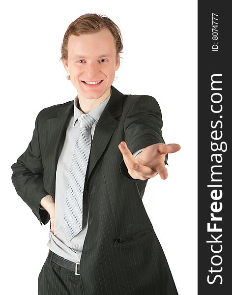 Businessman gives hand on white background