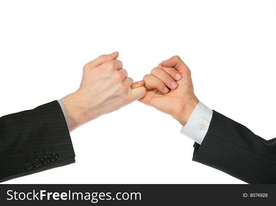 Two hands, coupled by fingers on white background