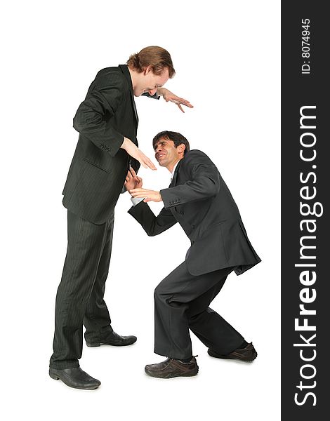 One businessman frightens another on white background