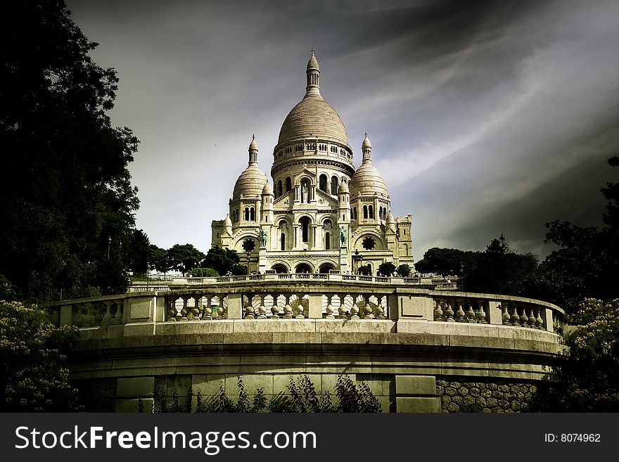 Sacred heart under dark sky - Paris France -. Sacred heart under dark sky - Paris France -