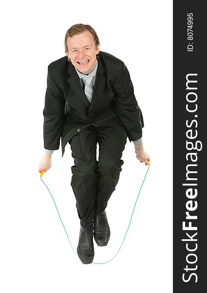 Businessman, who jumps through  jumping rope on white background. Businessman, who jumps through  jumping rope on white background