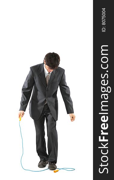 Businessman and  jumping rope on white background