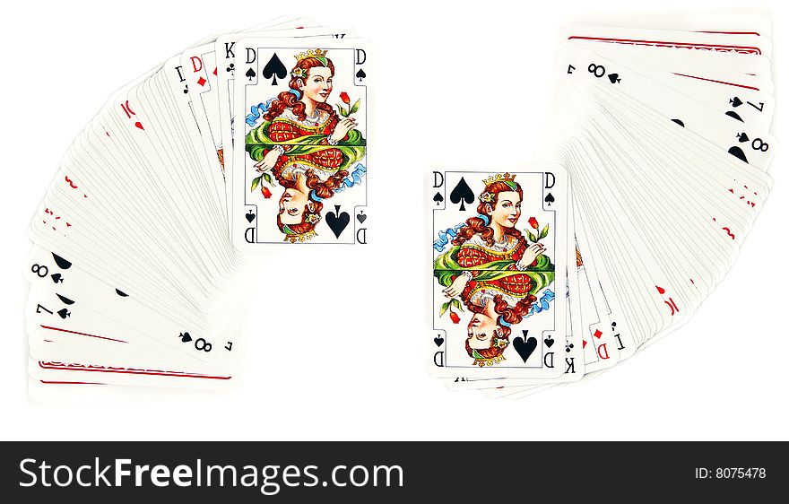 The queen of spades on card pack over white