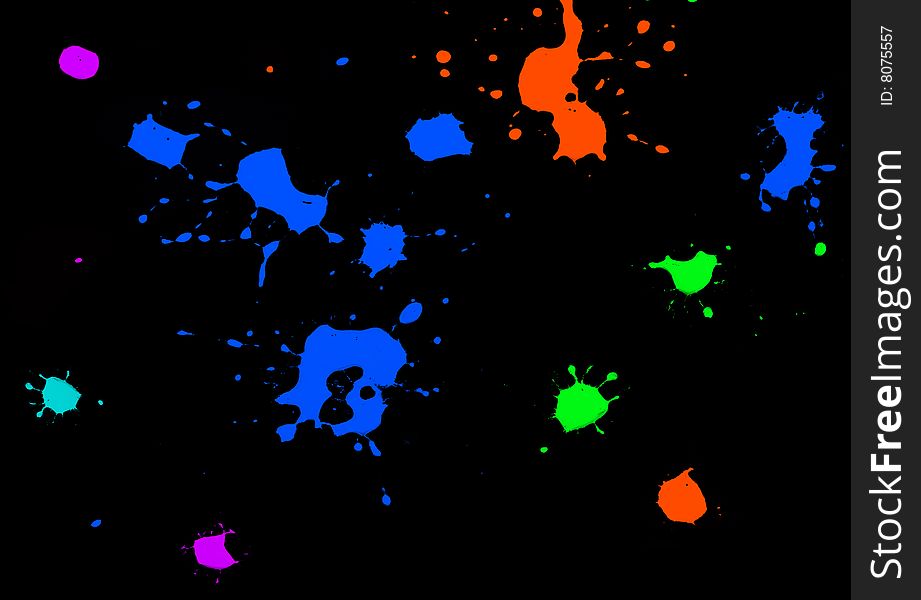 Color ink splatters isolated on black background