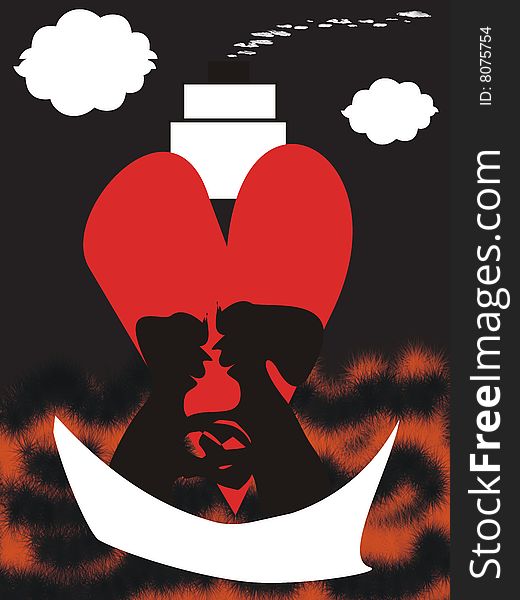 A couple in-love expressing their emotions on board of a boat. The original illustration is a vectorial image that can be adjusted at any size. A couple in-love expressing their emotions on board of a boat. The original illustration is a vectorial image that can be adjusted at any size.