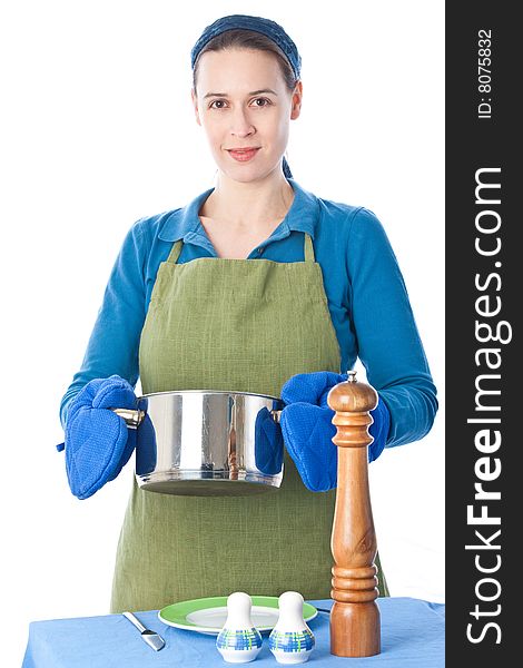 A woman in a domestic role preparing food on white. A woman in a domestic role preparing food on white.