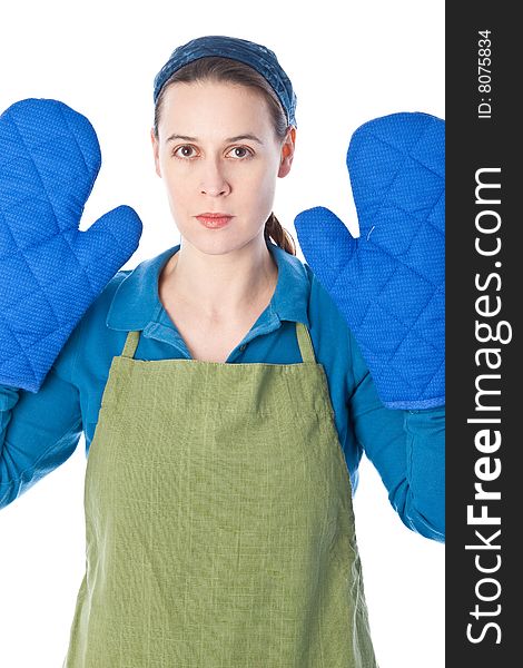 A woman in a domesatic role with oven gloves - on white. A woman in a domesatic role with oven gloves - on white
