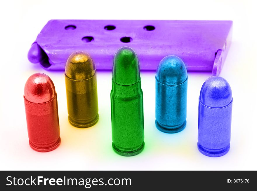 Five different bullets and a magazine, colored picture. Five different bullets and a magazine, colored picture