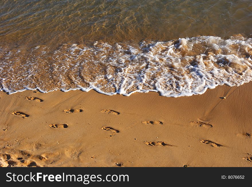 Footprints along the water's edge on a sandy beach. Footprints along the water's edge on a sandy beach