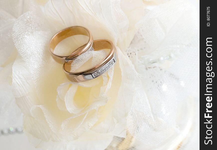 Closeup of wedding rings near decorative roses