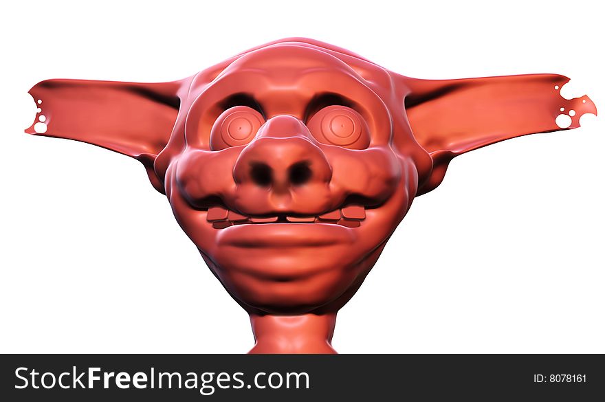 3D rendered illustration of an idiotic, grotesque caricature head, smiling foolisly
