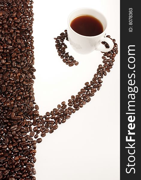 Coffee cup and coffee beans in ornament on white background