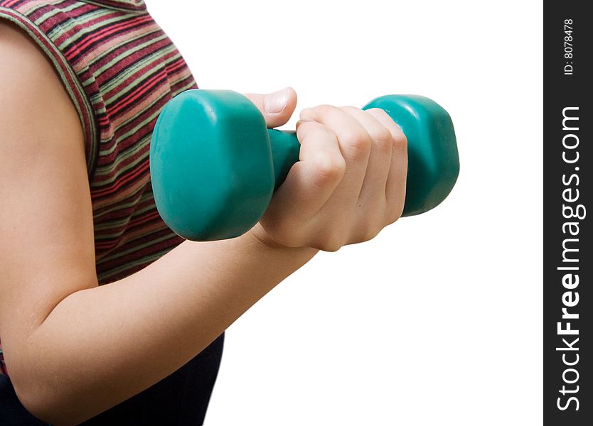 Dumbbell in hand the child on white