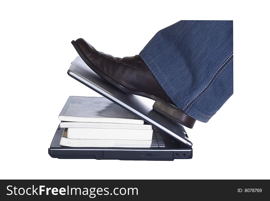 Man stand on laptop on white background
