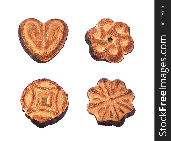 Sweet cookies with sugar and chocolate on a white background.