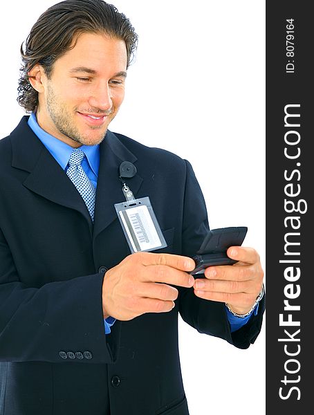 Happy businessman using pager. isolated on white. Happy businessman using pager. isolated on white