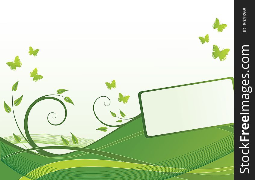 Green waves on white background with butterflies
