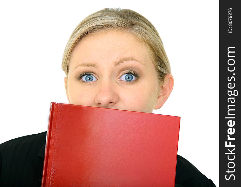 Scared female caucasian holding blank book covering her mouth. isolated on white. Scared female caucasian holding blank book covering her mouth. isolated on white