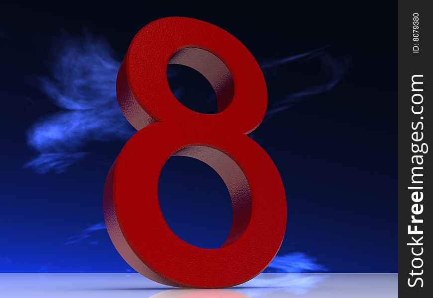 3d made red number 8 on cloudy background