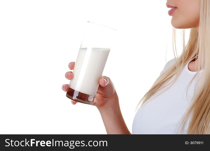 Young woman with glass of milk on white bacground