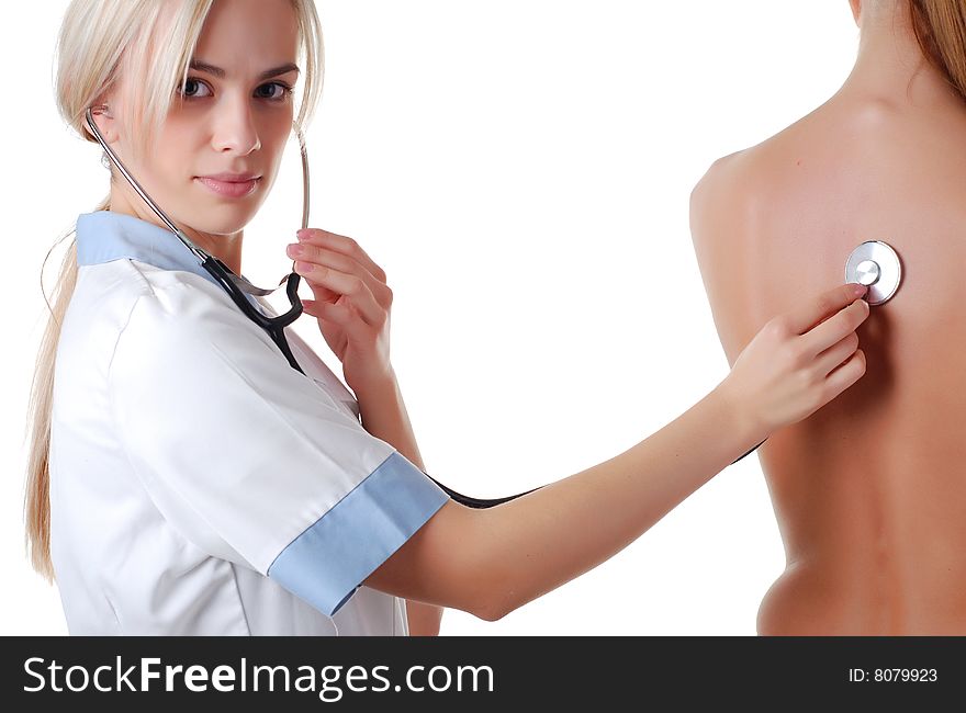 Nurse listening patient with stethoscope on white background. Nurse listening patient with stethoscope on white background