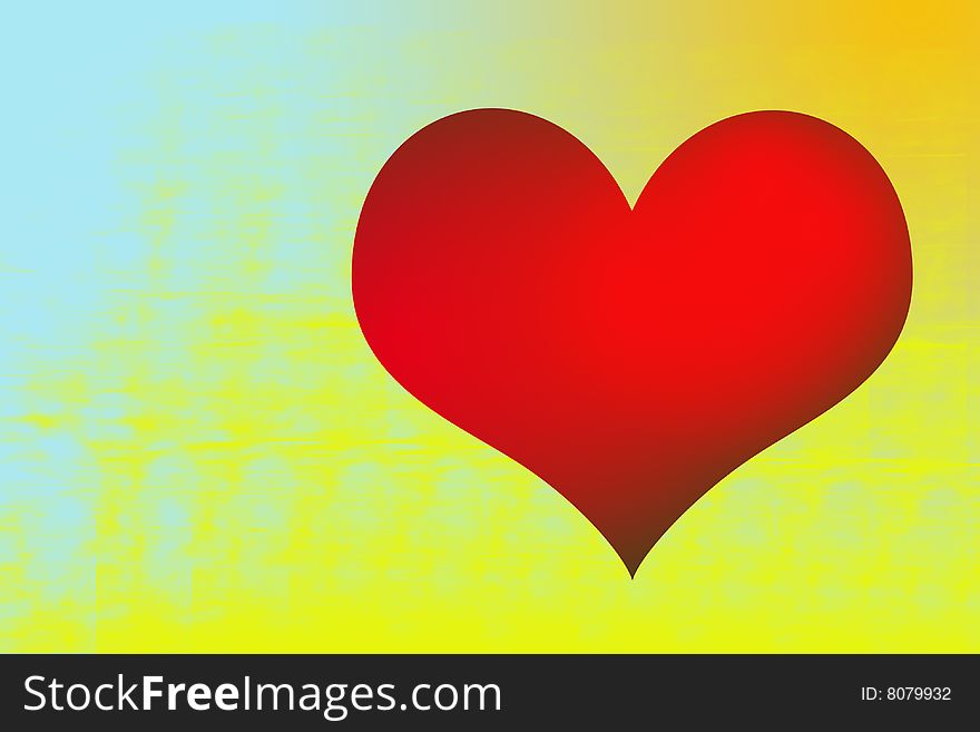 Draw of a red hearts in a yellow a blue background. Draw of a red hearts in a yellow a blue background