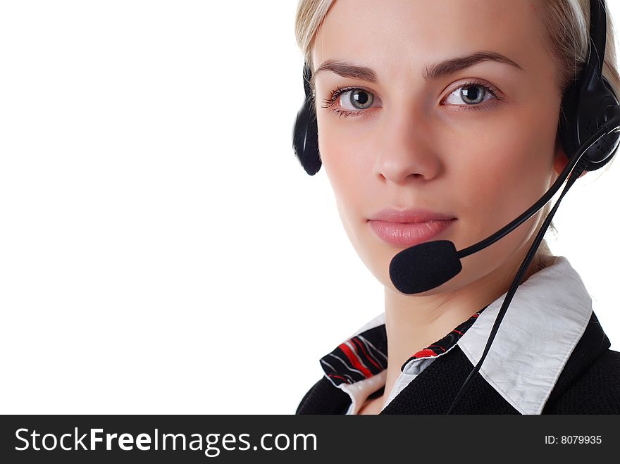 Beautiful blond woman with headphones on white background