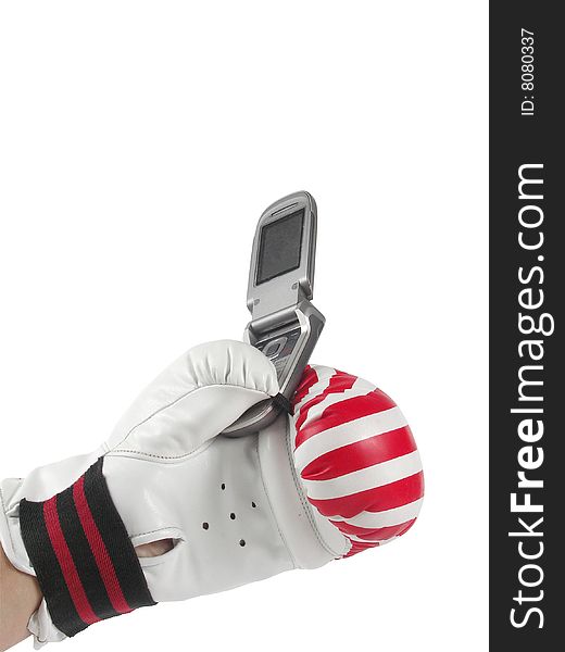 Hand in boxing glove holding mobile telephone. Hand in boxing glove holding mobile telephone