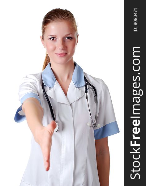 Beautiful nurse with stethoscope on white background