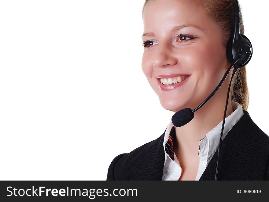 Beautiful woman with headphones on white background