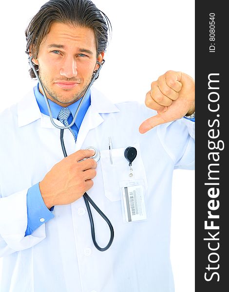 Unhappy young doctor checking his own health with thumb down. Unhappy young doctor checking his own health with thumb down