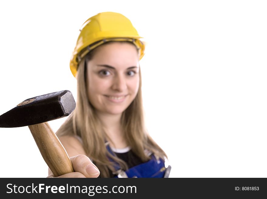 Construction worker with hammer in hand on white background