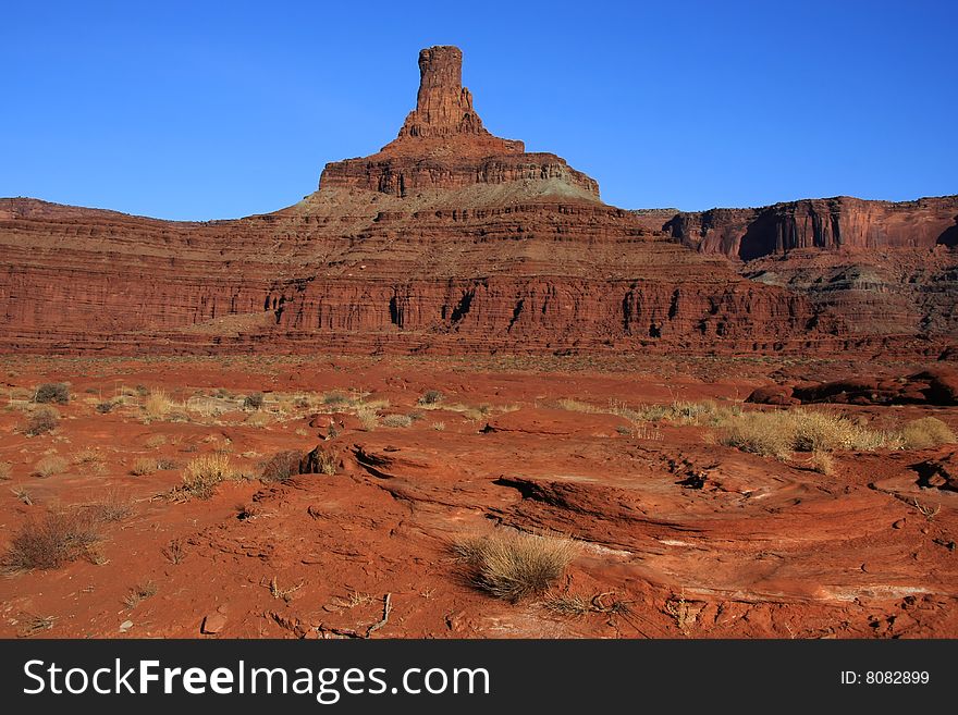 View of the red rock formations in Canyonlands National Park with blue skyï¿½
