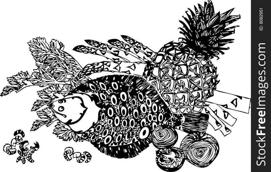 Still life with fish and ananas. Still life with fish and ananas