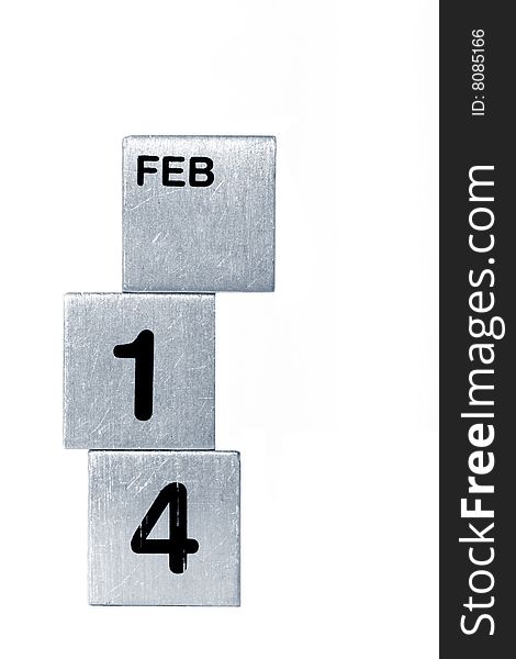 Text "FEB 14" on metal cubes (isolated on white without shadow). Text "FEB 14" on metal cubes (isolated on white without shadow)