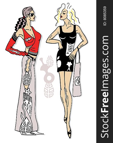 Vector illustration of two fashionable girls on white background