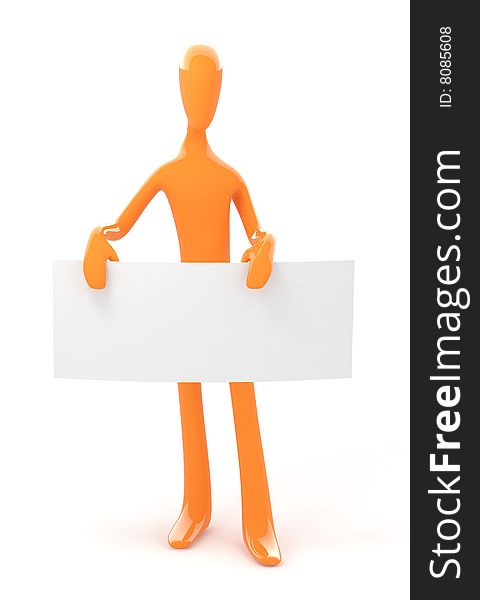 3d orange isolated simple person holds empty blank board. 3d orange isolated simple person holds empty blank board