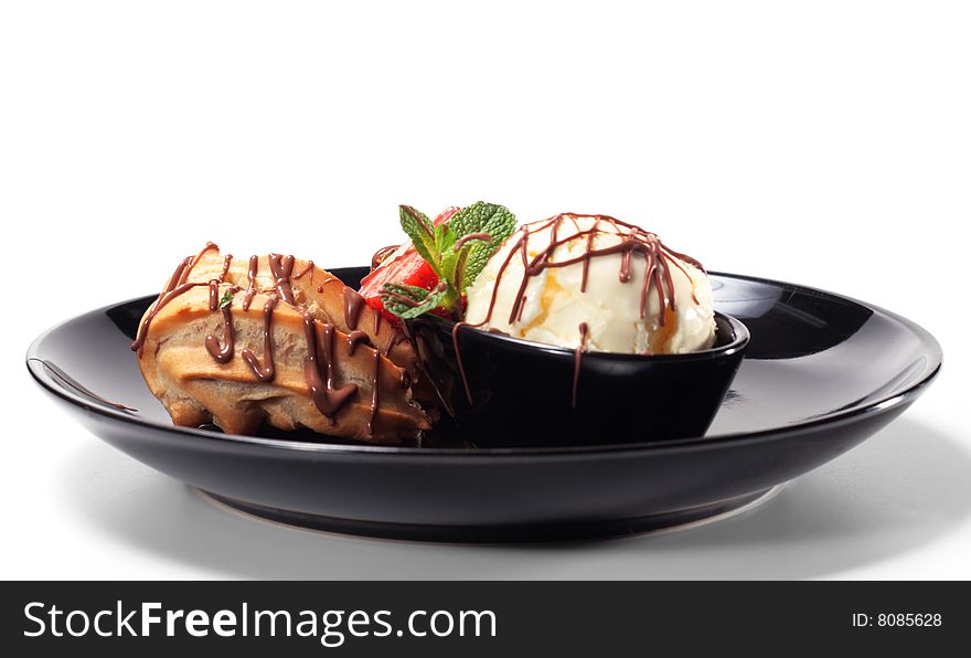 Fancy Cake with Ice Cream and Fresh Strawberry. Isolated on White Background