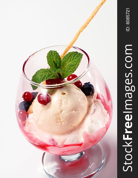 Ice Cream with Fresh Mint Leaves and Berries in Glass. Ice Cream with Fresh Mint Leaves and Berries in Glass