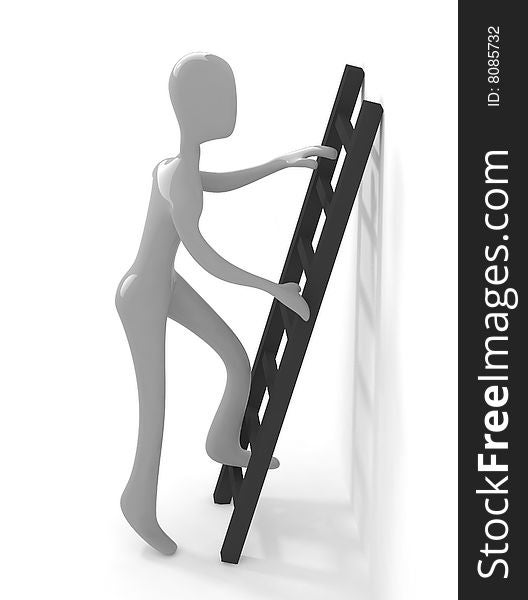 3d gray person climbing upon black ladder. 3d gray person climbing upon black ladder