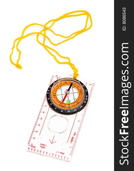 Compass with a yellow cord on a white background