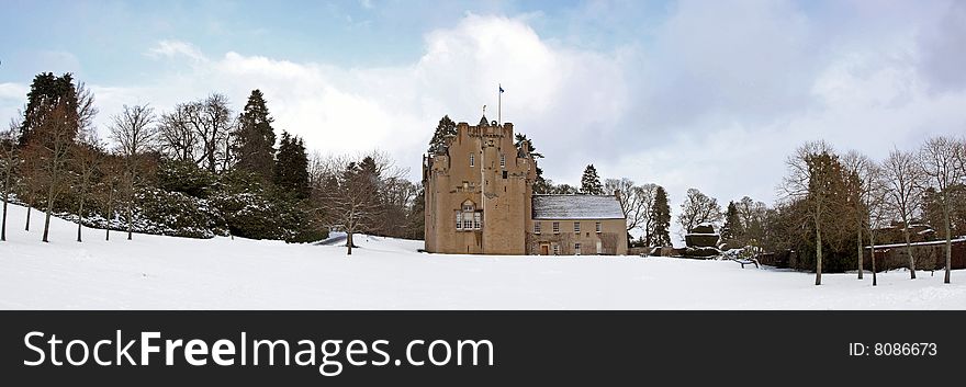 Panoramic of Crathes Castle in the snow, Scotland