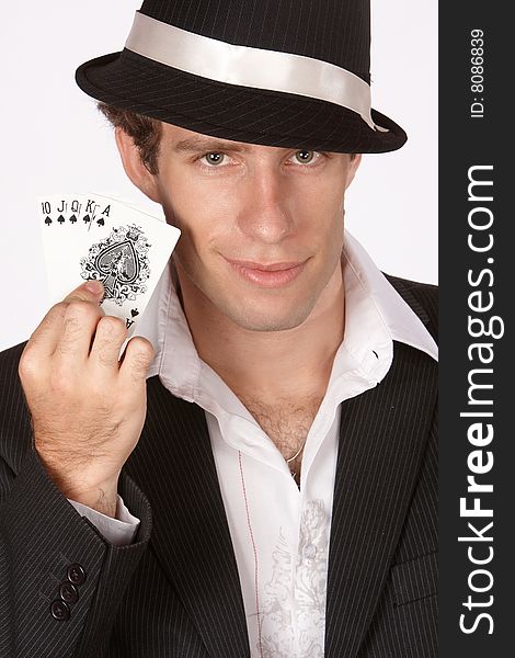 Poker player showing best hand in poker royal flush. Poker player showing best hand in poker royal flush