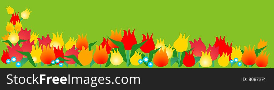 Digital illustration with lots of colorful tulips on a green background. Digital illustration with lots of colorful tulips on a green background.